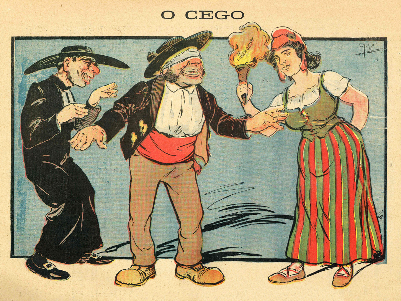 Zé Povinho entre o Clero e a Mariane, caricatura de Alonso, 1911 ...