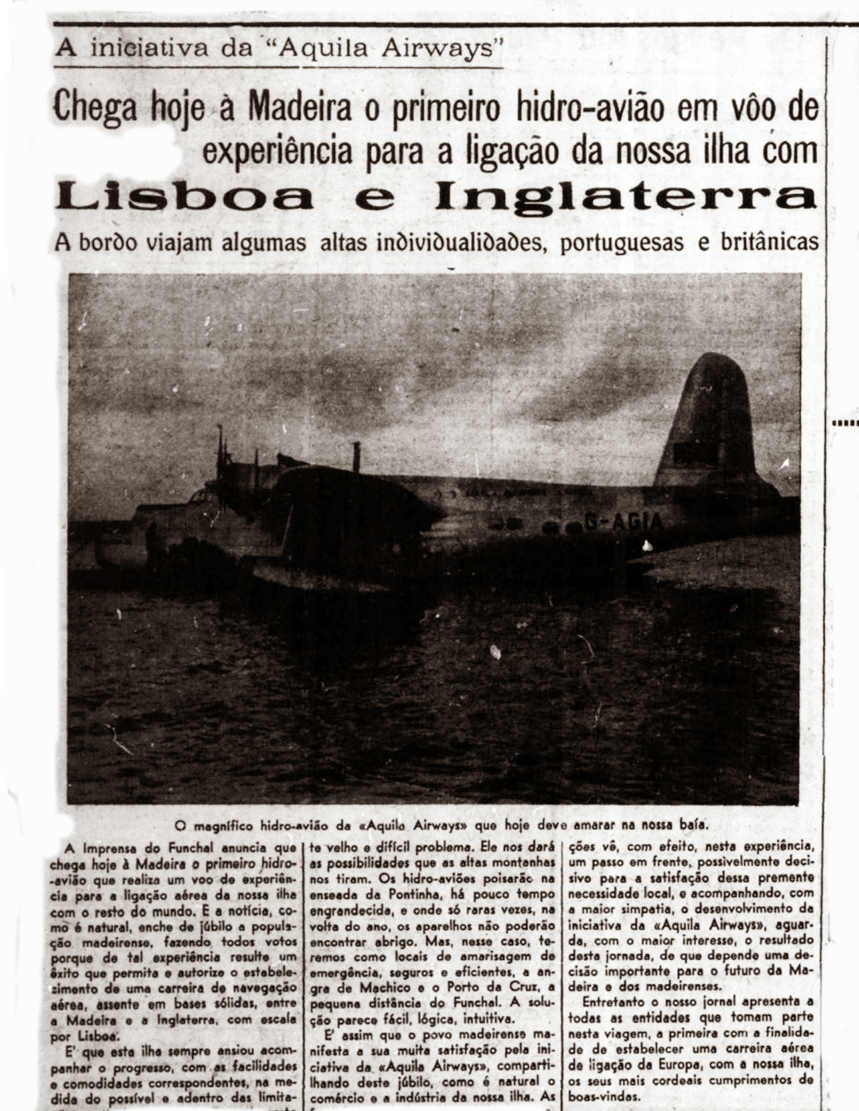 Not cia Da Pr xima Chegada Madeira Do Primeiro Hidro avi o Da Aquila 